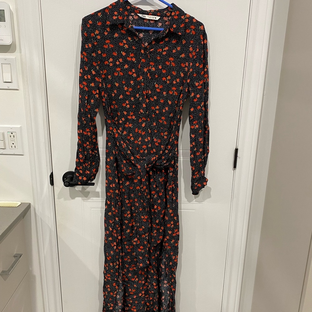 Zara Black Dress with Red Floral Print